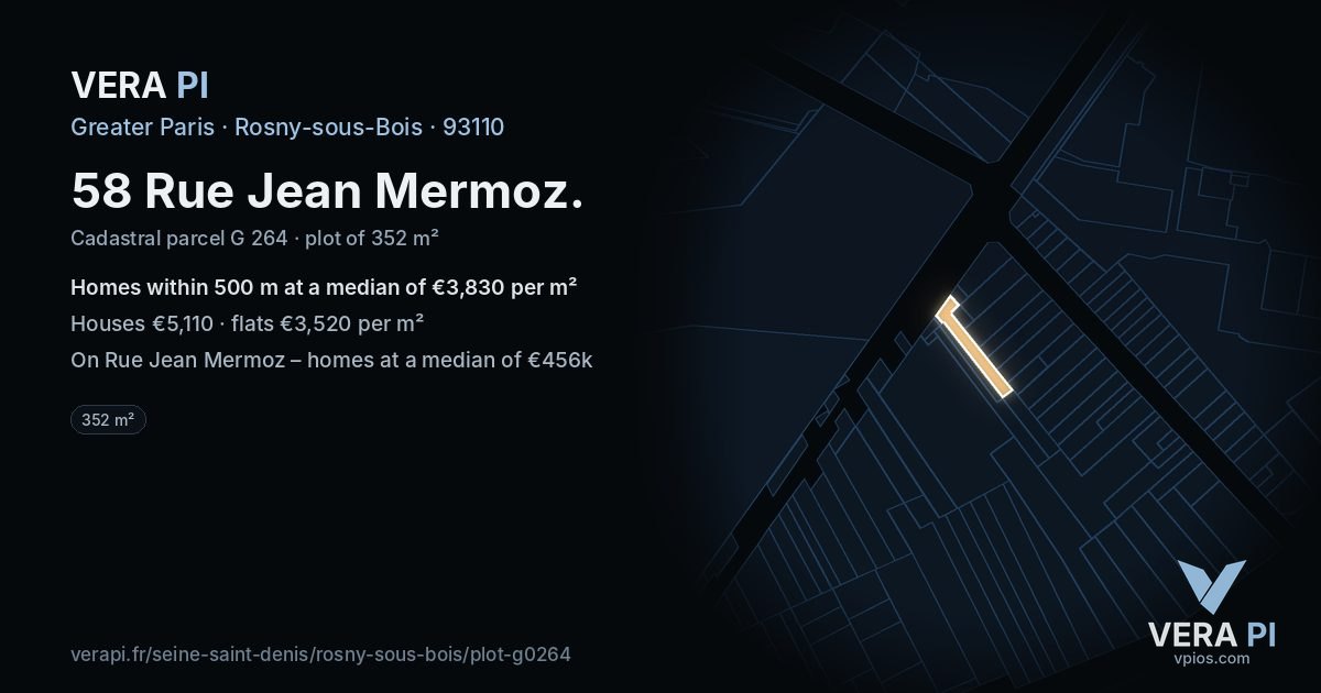 58 Rue Jean Mermoz, Rosny-sous-Bois at night – the plot lit, the parcels around coloured by the prices near them