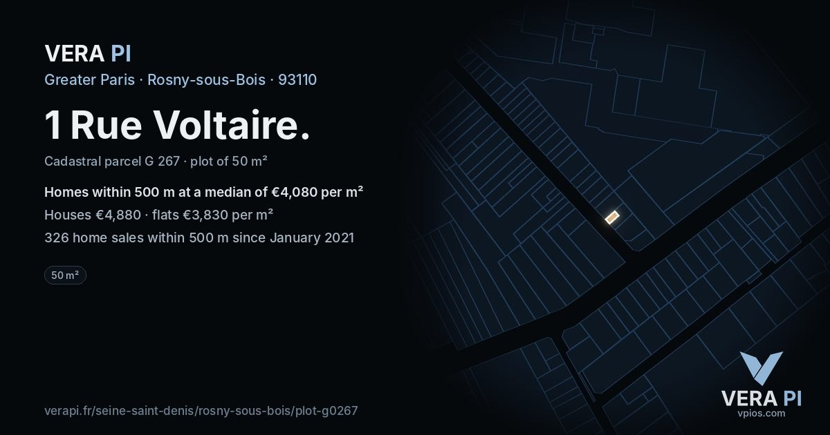 1 Rue Voltaire, Rosny-sous-Bois at night – the plot lit, the parcels around coloured by the prices near them