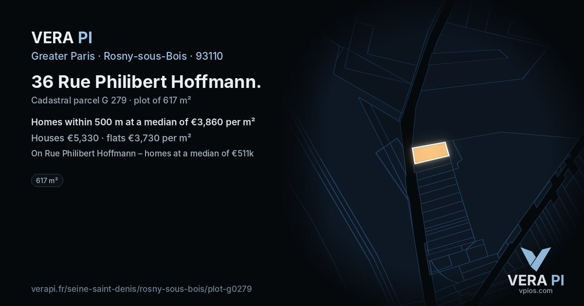 36 Rue Philibert Hoffmann, Rosny-sous-Bois at night – the plot lit, the parcels around coloured by the prices near them
