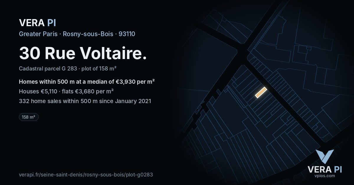 30 Rue Voltaire, Rosny-sous-Bois at night – the plot lit, the parcels around coloured by the prices near them