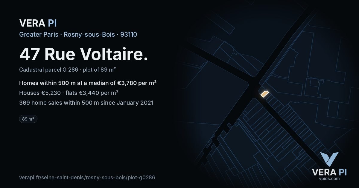 47 Rue Voltaire, Rosny-sous-Bois at night – the plot lit, the parcels around coloured by the prices near them