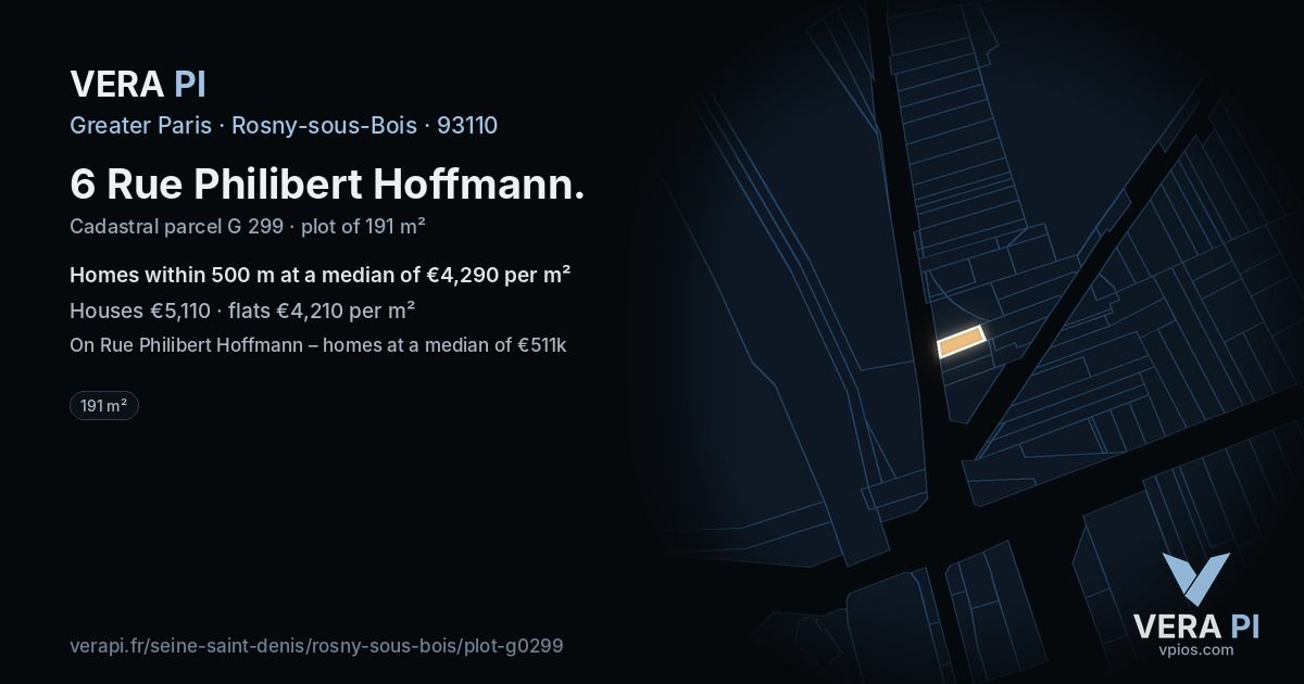 6 Rue Philibert Hoffmann, Rosny-sous-Bois at night – the plot lit, the parcels around coloured by the prices near them