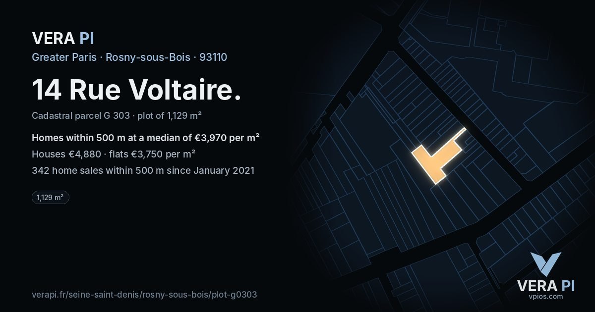 14 Rue Voltaire, Rosny-sous-Bois at night – the plot lit, the parcels around coloured by the prices near them