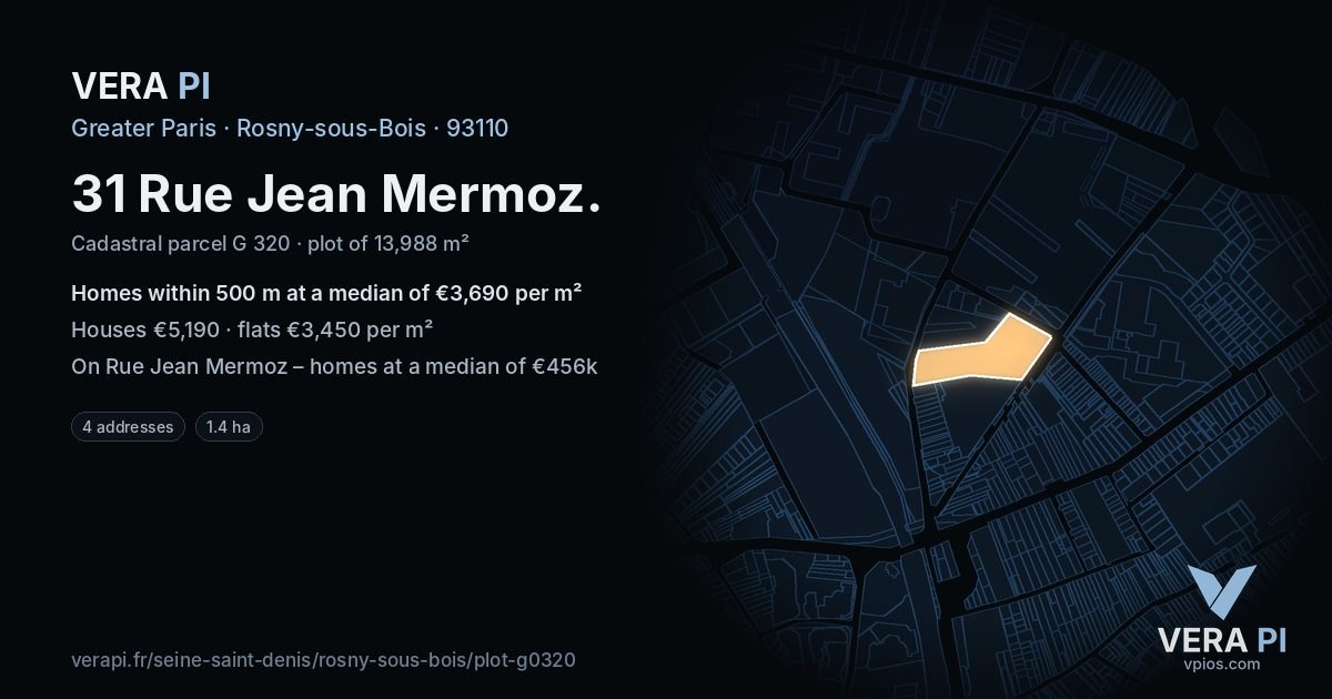 31 Rue Jean Mermoz, Rosny-sous-Bois at night – the plot lit, the parcels around coloured by the prices near them