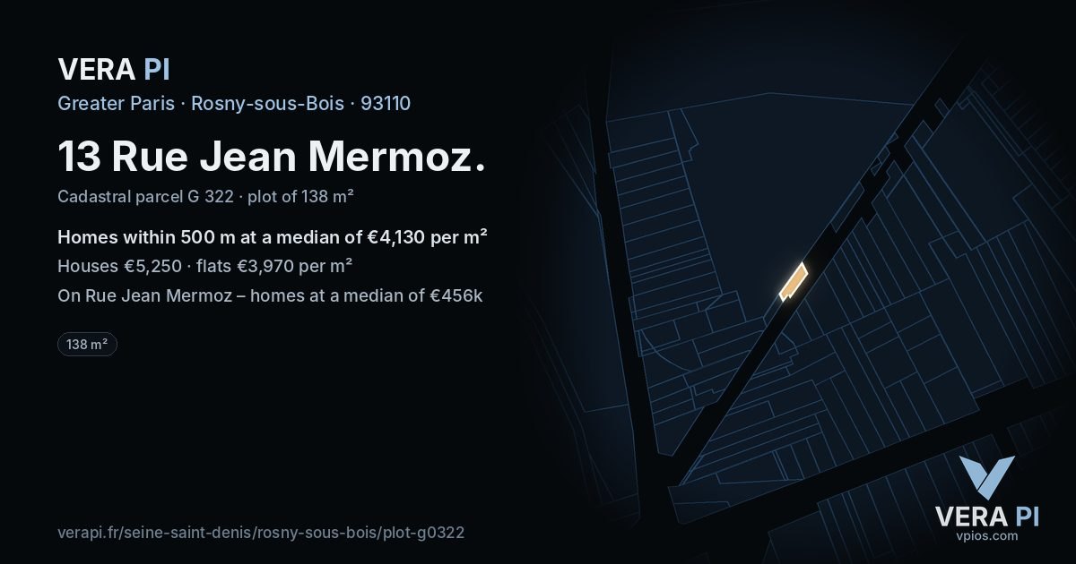 13 Rue Jean Mermoz, Rosny-sous-Bois at night – the plot lit, the parcels around coloured by the prices near them