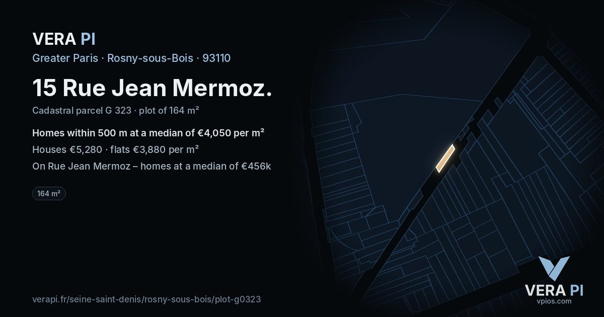 15 Rue Jean Mermoz, Rosny-sous-Bois at night – the plot lit, the parcels around coloured by the prices near them