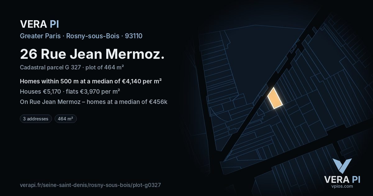 26 Rue Jean Mermoz, Rosny-sous-Bois at night – the plot lit, the parcels around coloured by the prices near them