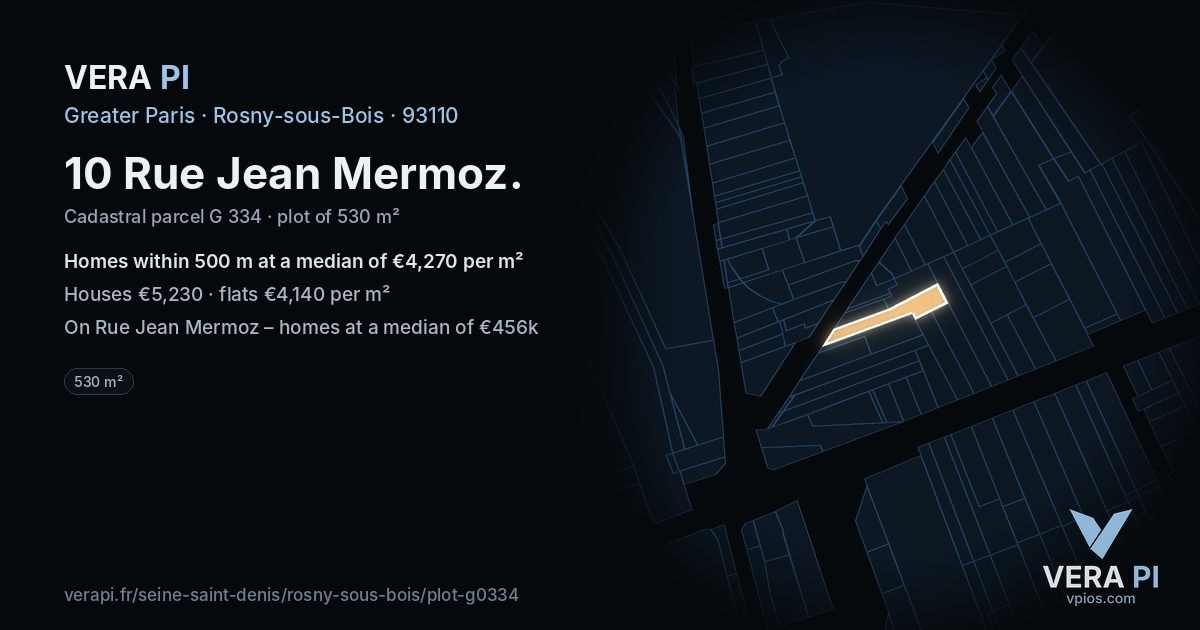 10 Rue Jean Mermoz, Rosny-sous-Bois at night – the plot lit, the parcels around coloured by the prices near them