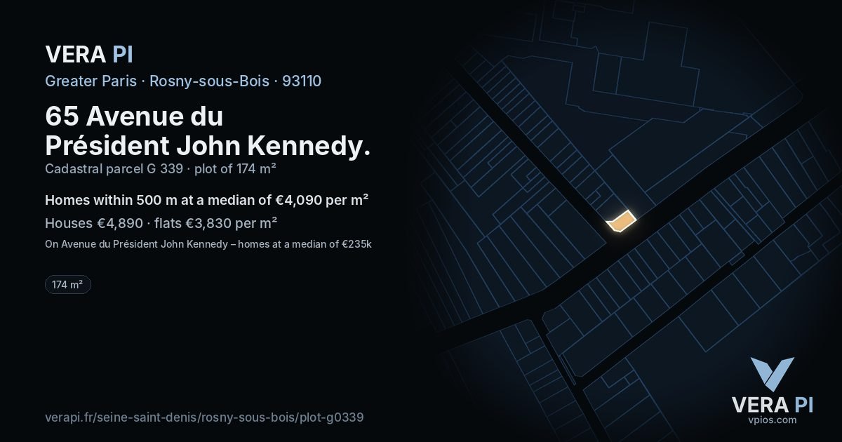 65 Avenue du Président John Kennedy, Rosny-sous-Bois at night – the plot lit, the parcels around coloured by the prices near them
