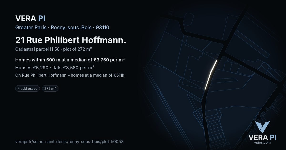 21 Rue Philibert Hoffmann, Rosny-sous-Bois at night – the plot lit, the parcels around coloured by the prices near them