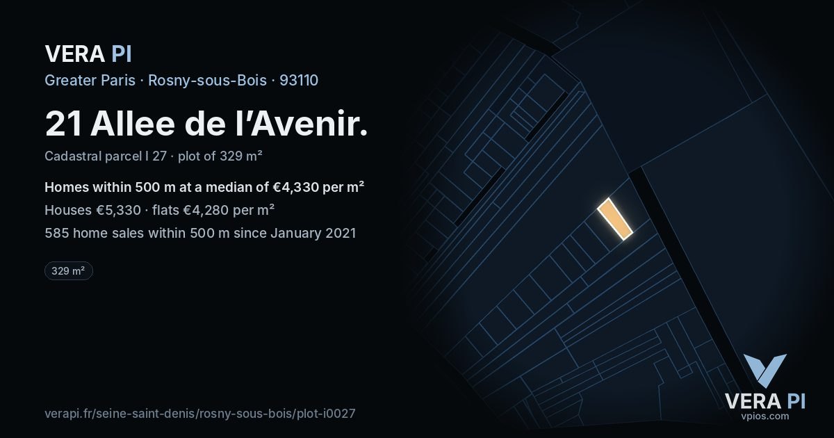 21 Allee de l’Avenir, Rosny-sous-Bois at night – the plot lit, the parcels around coloured by the prices near them