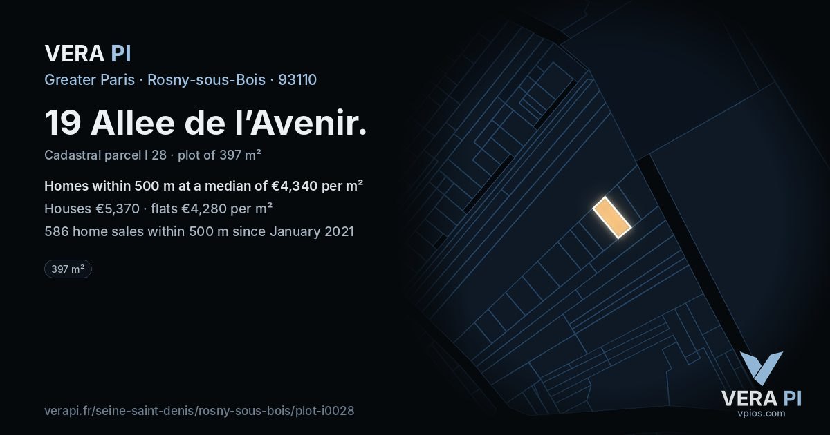 19 Allee de l’Avenir, Rosny-sous-Bois at night – the plot lit, the parcels around coloured by the prices near them