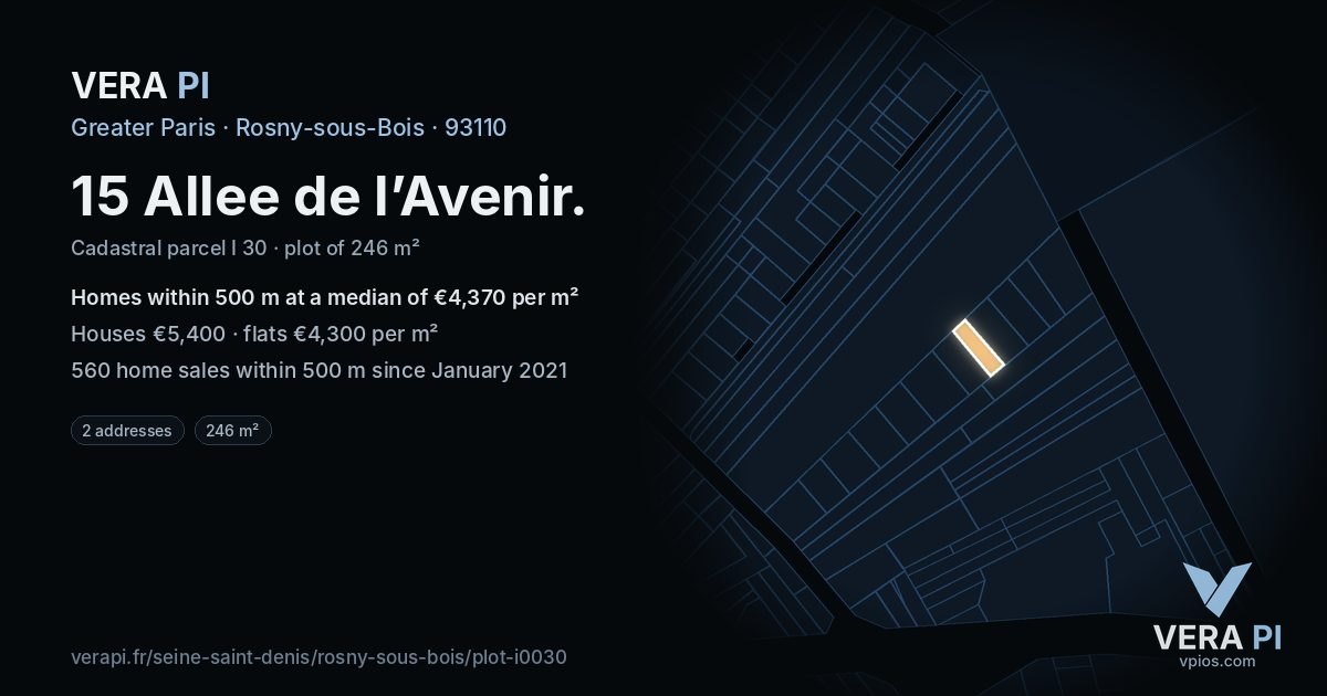 15 Allee de l’Avenir, Rosny-sous-Bois at night – the plot lit, the parcels around coloured by the prices near them