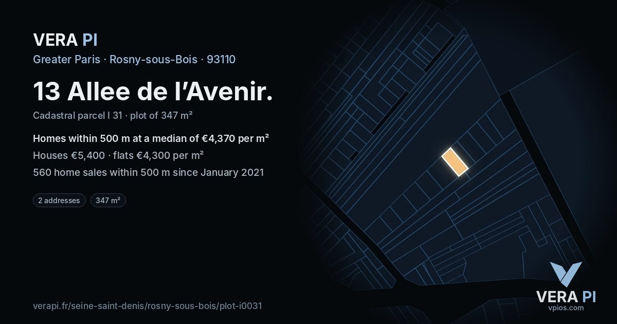 13 Allee de l’Avenir, Rosny-sous-Bois at night – the plot lit, the parcels around coloured by the prices near them
