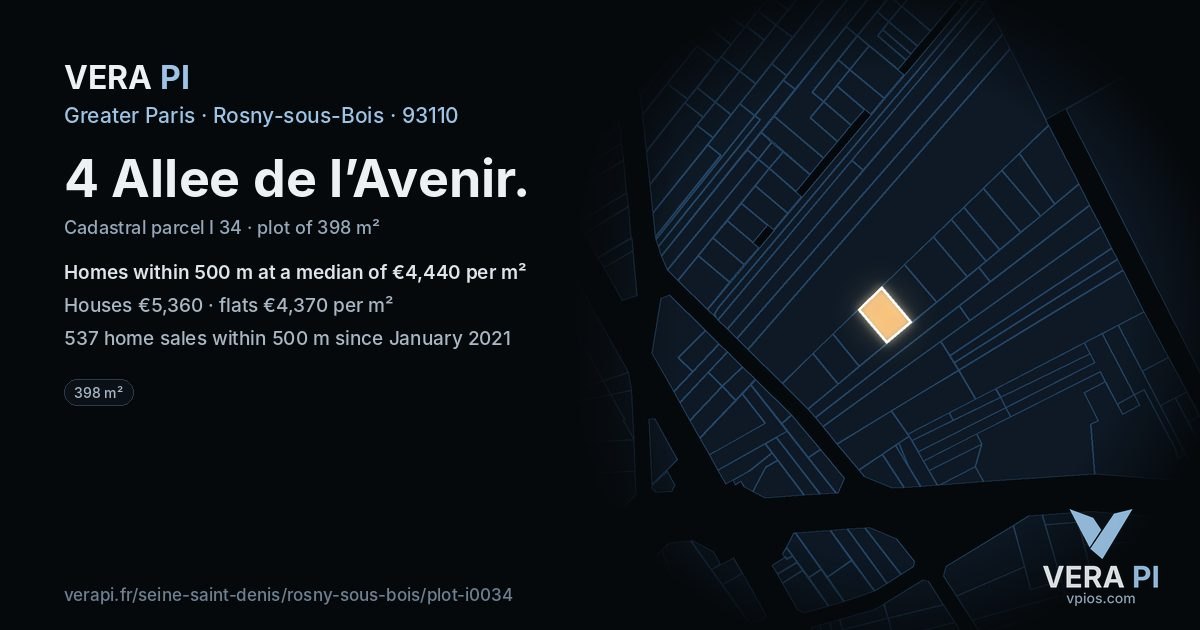 4 Allee de l’Avenir, Rosny-sous-Bois at night – the plot lit, the parcels around coloured by the prices near them