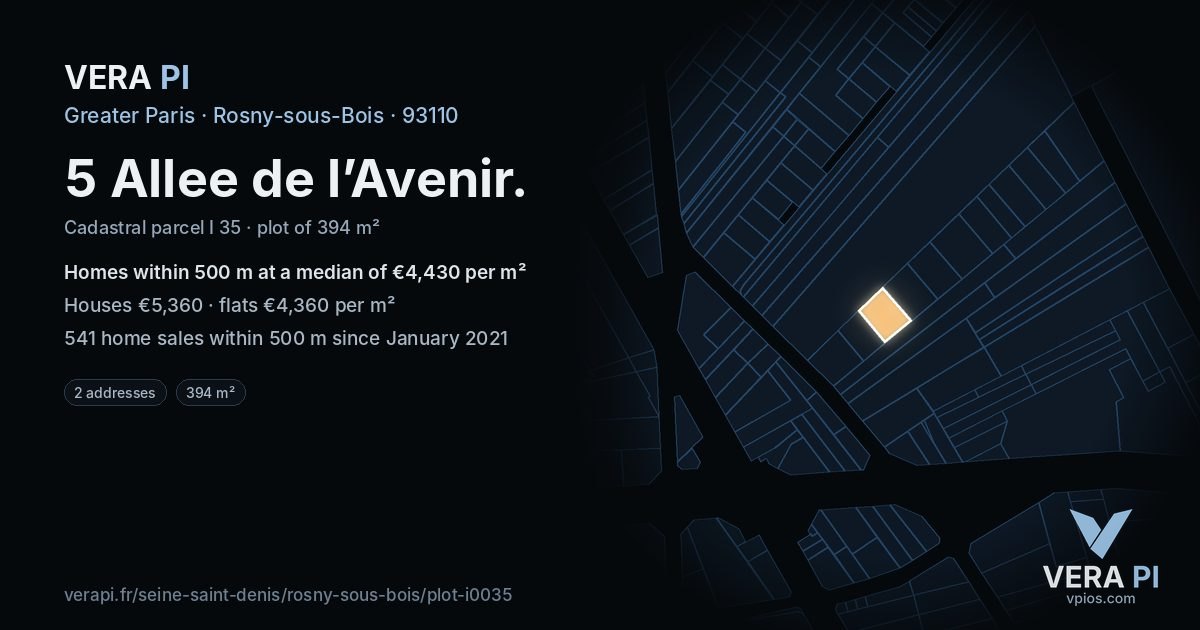 5 Allee de l’Avenir, Rosny-sous-Bois at night – the plot lit, the parcels around coloured by the prices near them