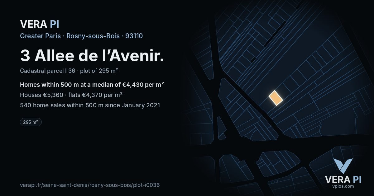 3 Allee de l’Avenir, Rosny-sous-Bois at night – the plot lit, the parcels around coloured by the prices near them