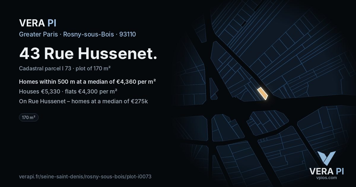 43 Rue Hussenet, Rosny-sous-Bois at night – the plot lit, the parcels around coloured by the prices near them