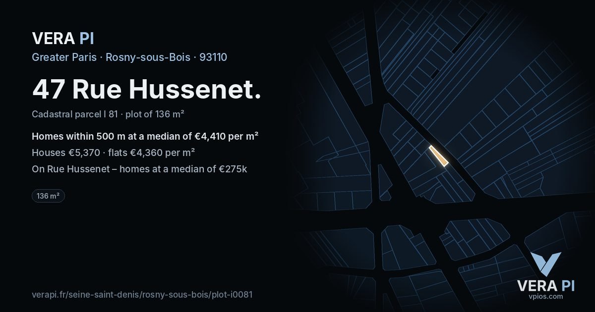 47 Rue Hussenet, Rosny-sous-Bois at night – the plot lit, the parcels around coloured by the prices near them