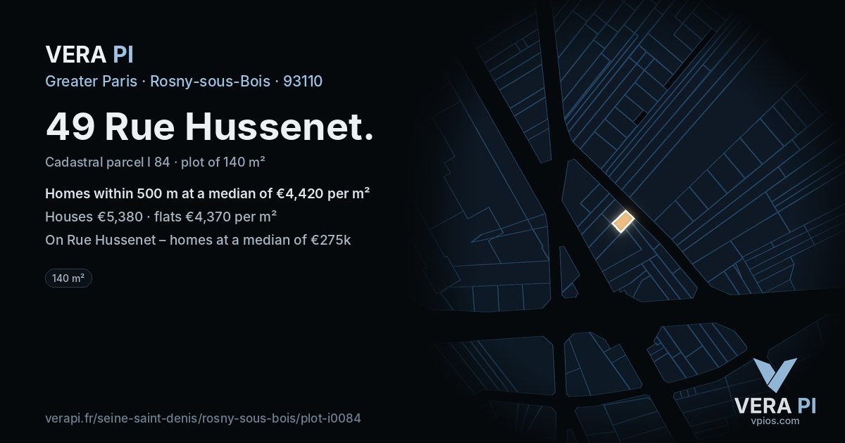 49 Rue Hussenet, Rosny-sous-Bois at night – the plot lit, the parcels around coloured by the prices near them