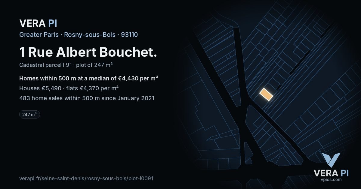 1 Rue Albert Bouchet, Rosny-sous-Bois at night – the plot lit, the parcels around coloured by the prices near them