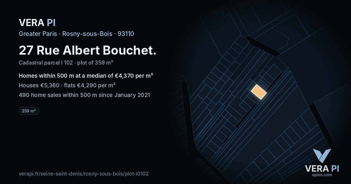27 Rue Albert Bouchet, Rosny-sous-Bois at night – the plot lit, the parcels around coloured by the prices near them