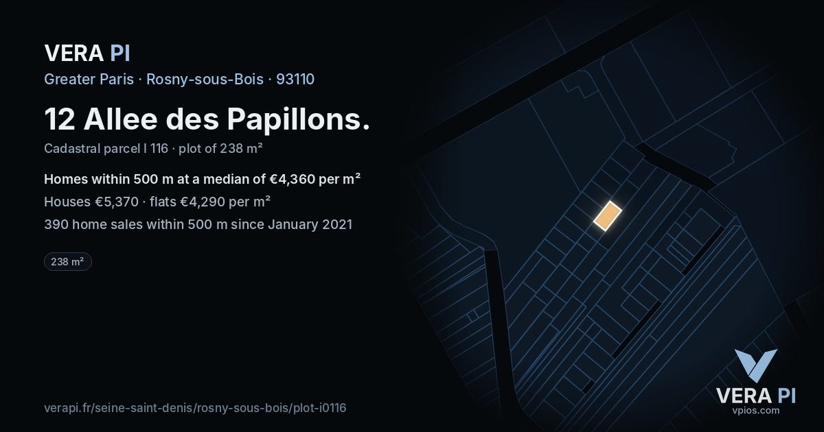 12 Allee des Papillons, Rosny-sous-Bois at night – the plot lit, the parcels around coloured by the prices near them