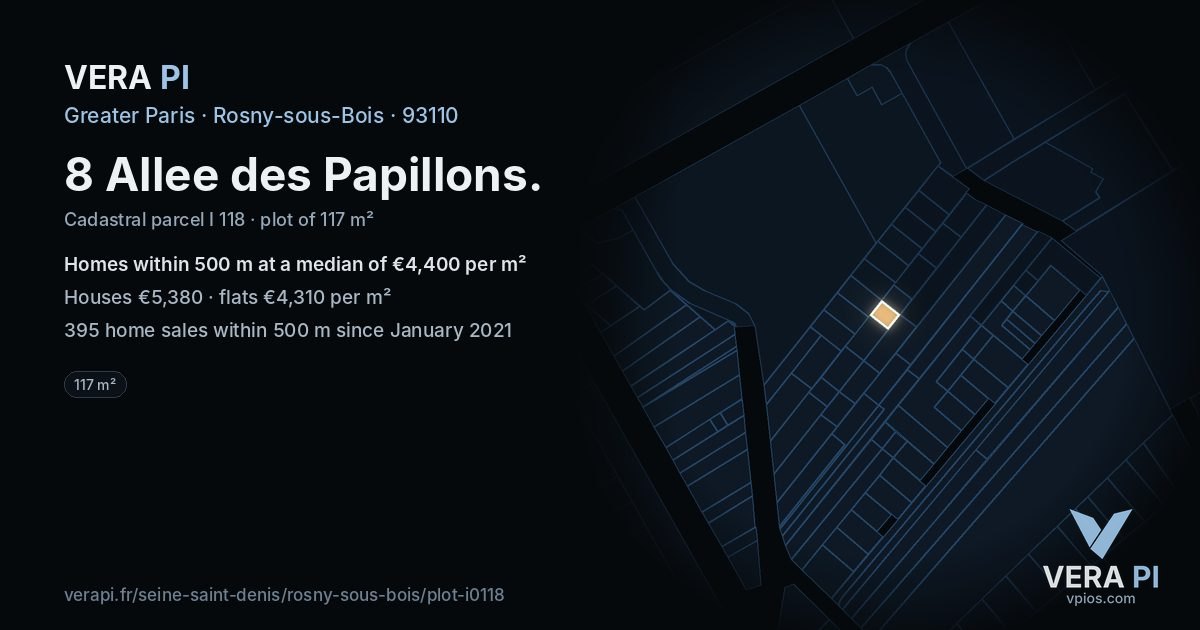 8 Allee des Papillons, Rosny-sous-Bois at night – the plot lit, the parcels around coloured by the prices near them