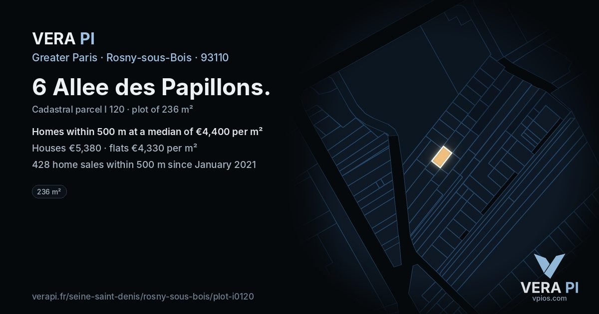6 Allee des Papillons, Rosny-sous-Bois at night – the plot lit, the parcels around coloured by the prices near them