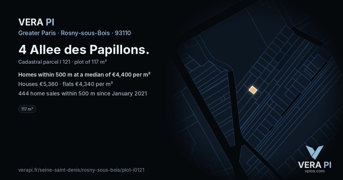 4 Allee des Papillons, Rosny-sous-Bois at night – the plot lit, the parcels around coloured by the prices near them