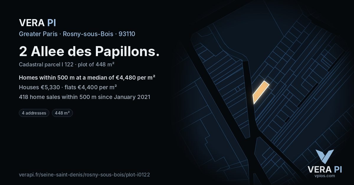 2 Allee des Papillons, Rosny-sous-Bois at night – the plot lit, the parcels around coloured by the prices near them