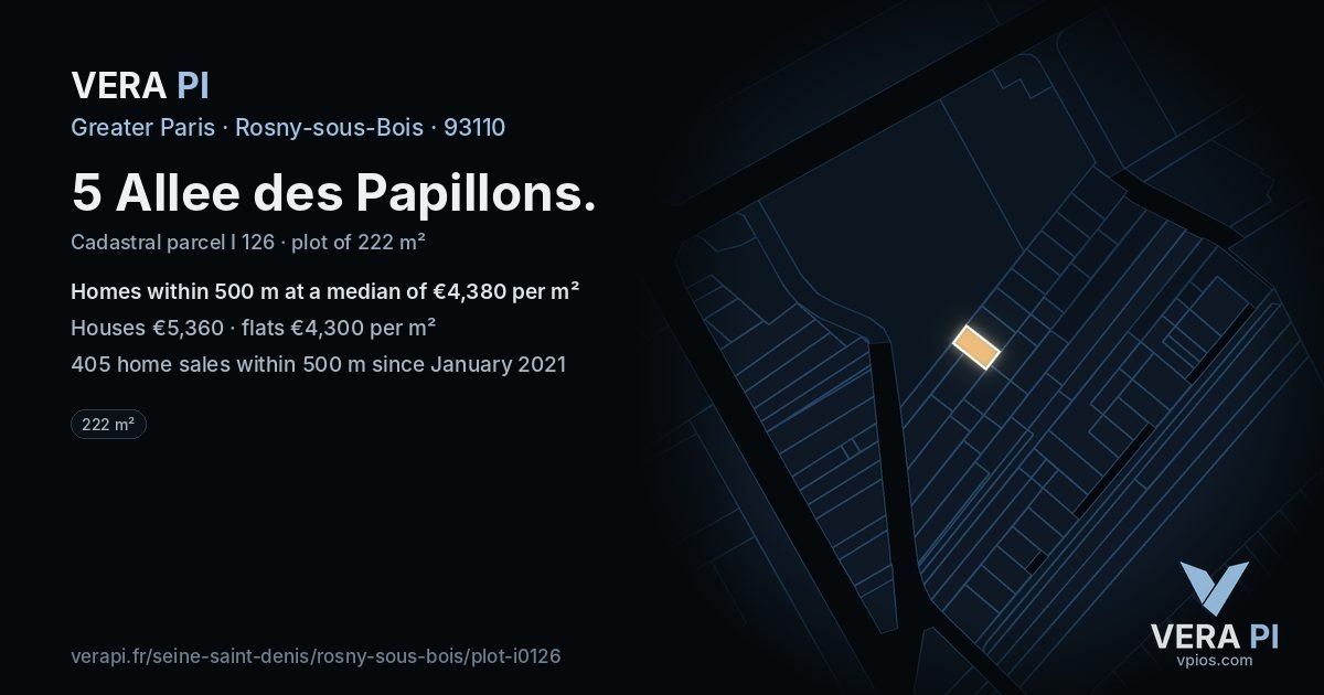 5 Allee des Papillons, Rosny-sous-Bois at night – the plot lit, the parcels around coloured by the prices near them