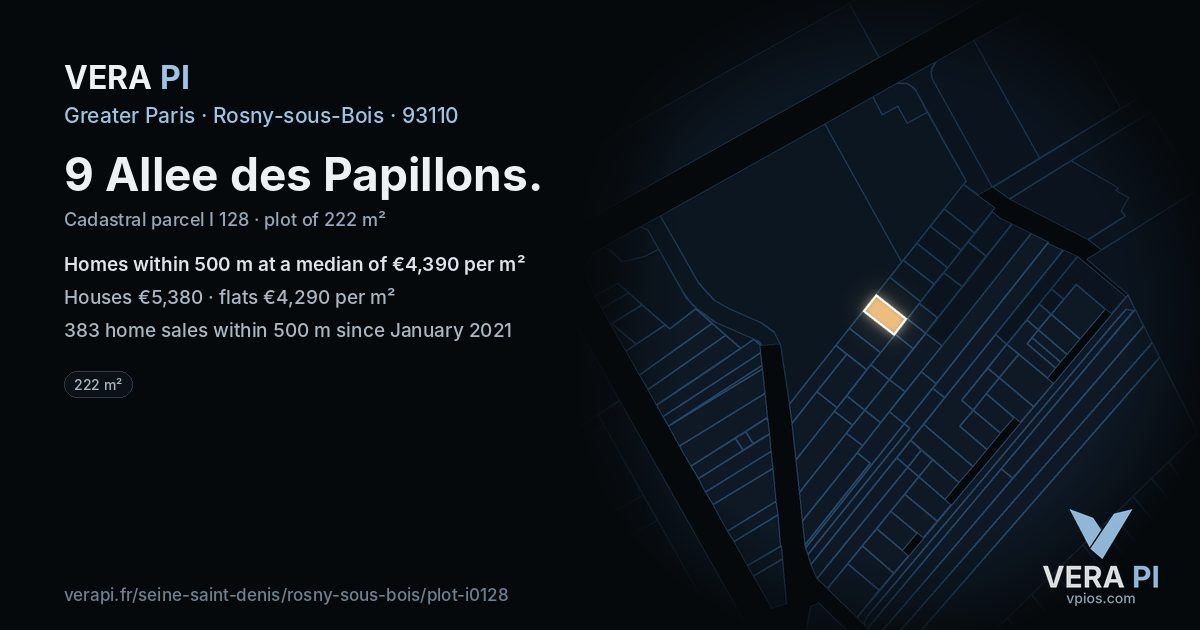 9 Allee des Papillons, Rosny-sous-Bois at night – the plot lit, the parcels around coloured by the prices near them