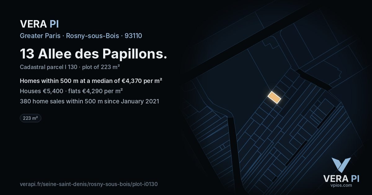 13 Allee des Papillons, Rosny-sous-Bois at night – the plot lit, the parcels around coloured by the prices near them