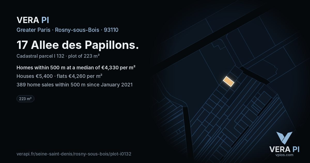 17 Allee des Papillons, Rosny-sous-Bois at night – the plot lit, the parcels around coloured by the prices near them