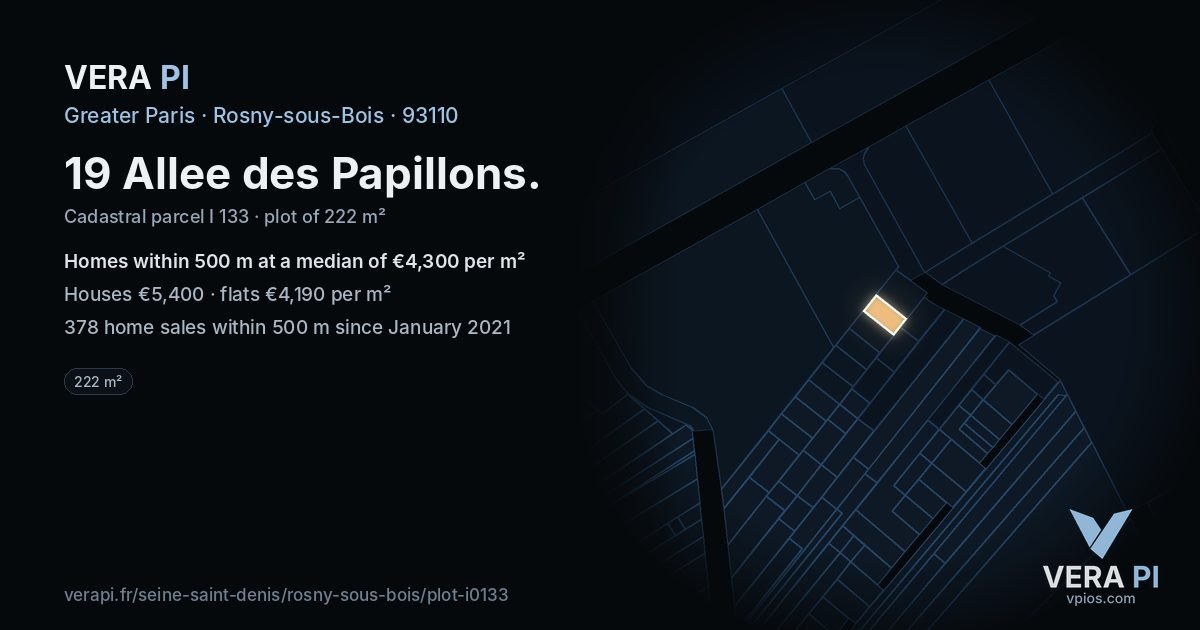 19 Allee des Papillons, Rosny-sous-Bois at night – the plot lit, the parcels around coloured by the prices near them