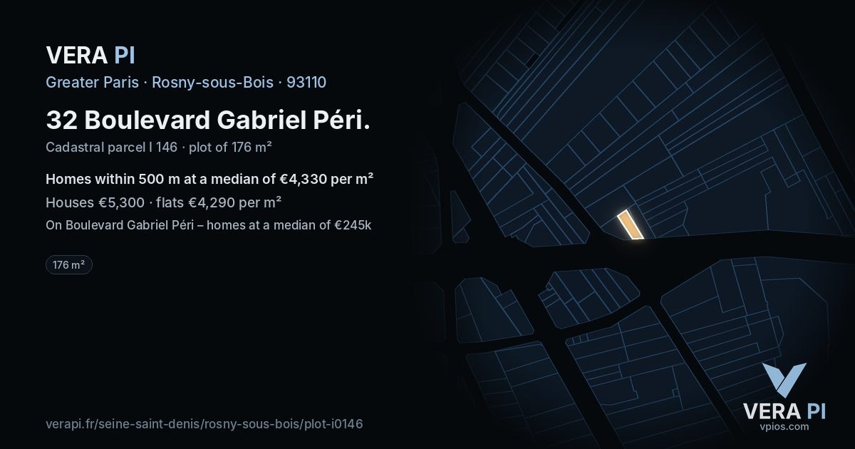 32 Boulevard Gabriel Péri, Rosny-sous-Bois at night – the plot lit, the parcels around coloured by the prices near them