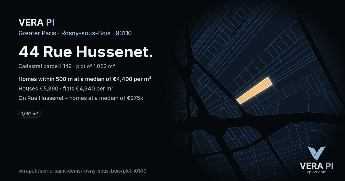 44 Rue Hussenet, Rosny-sous-Bois at night – the plot lit, the parcels around coloured by the prices near them