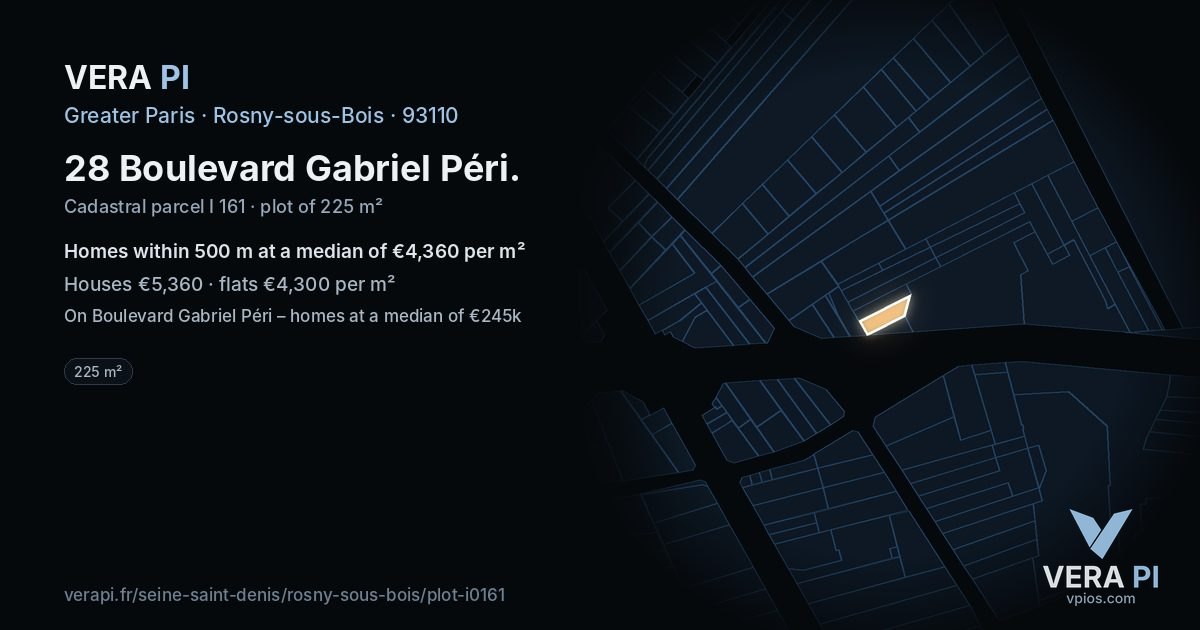 28 Boulevard Gabriel Péri, Rosny-sous-Bois at night – the plot lit, the parcels around coloured by the prices near them