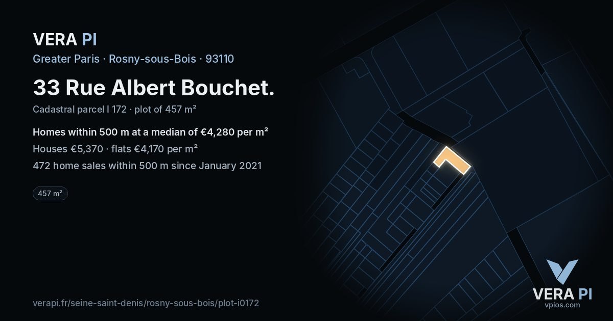 33 Rue Albert Bouchet, Rosny-sous-Bois at night – the plot lit, the parcels around coloured by the prices near them