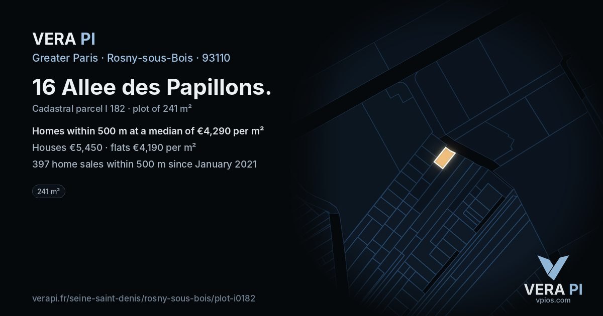 16 Allee des Papillons, Rosny-sous-Bois at night – the plot lit, the parcels around coloured by the prices near them