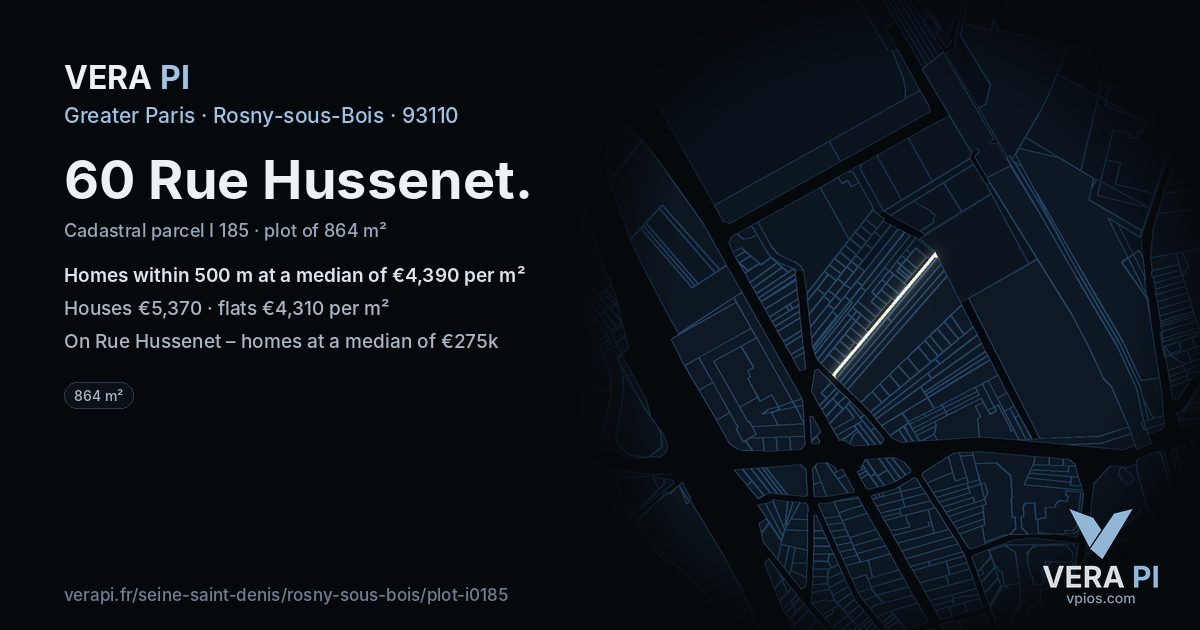 60 Rue Hussenet, Rosny-sous-Bois at night – the plot lit, the parcels around coloured by the prices near them