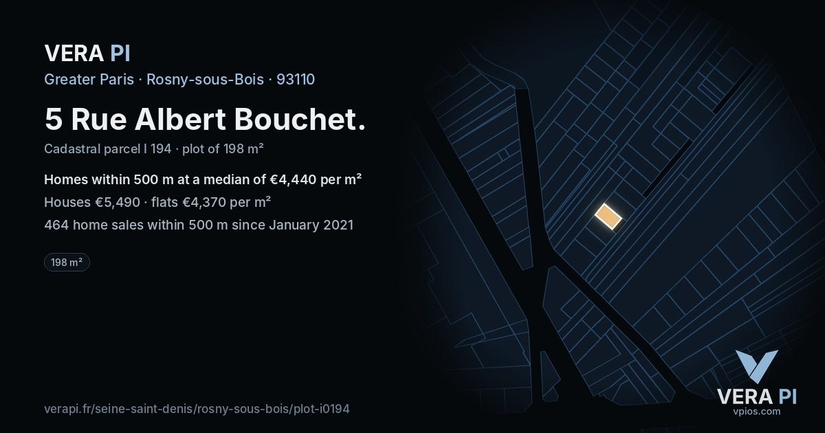 5 Rue Albert Bouchet, Rosny-sous-Bois at night – the plot lit, the parcels around coloured by the prices near them