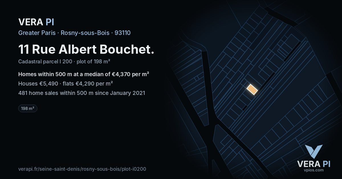 11 Rue Albert Bouchet, Rosny-sous-Bois at night – the plot lit, the parcels around coloured by the prices near them