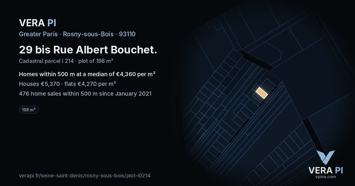 29 bis Rue Albert Bouchet, Rosny-sous-Bois at night – the plot lit, the parcels around coloured by the prices near them
