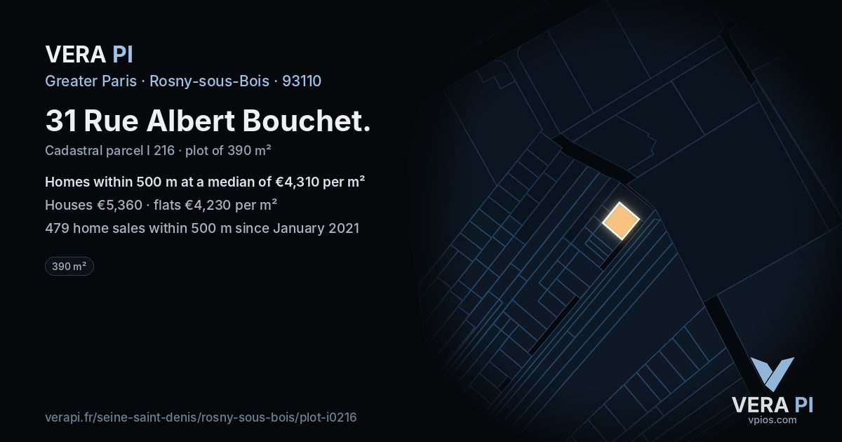 31 Rue Albert Bouchet, Rosny-sous-Bois at night – the plot lit, the parcels around coloured by the prices near them