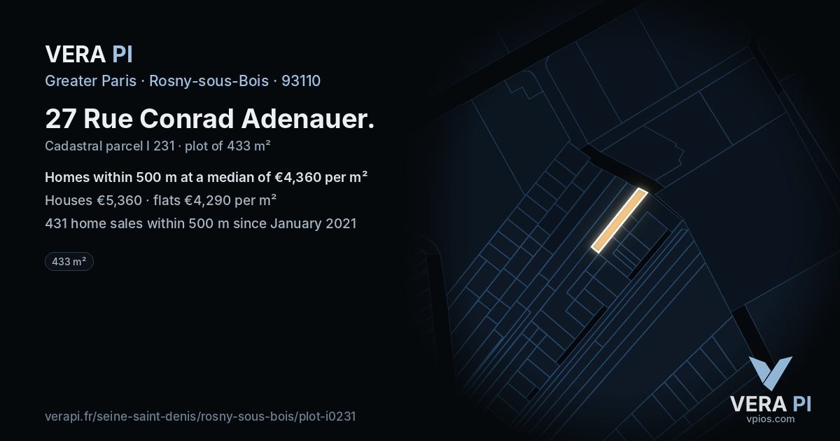 27 Rue Conrad Adenauer, Rosny-sous-Bois at night – the plot lit, the parcels around coloured by the prices near them