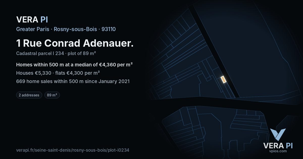 1 Rue Conrad Adenauer, Rosny-sous-Bois at night – the plot lit, the parcels around coloured by the prices near them