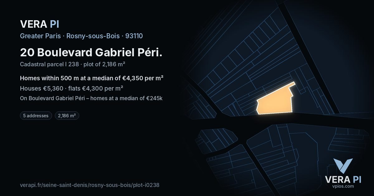 20 Boulevard Gabriel Péri, Rosny-sous-Bois at night – the plot lit, the parcels around coloured by the prices near them