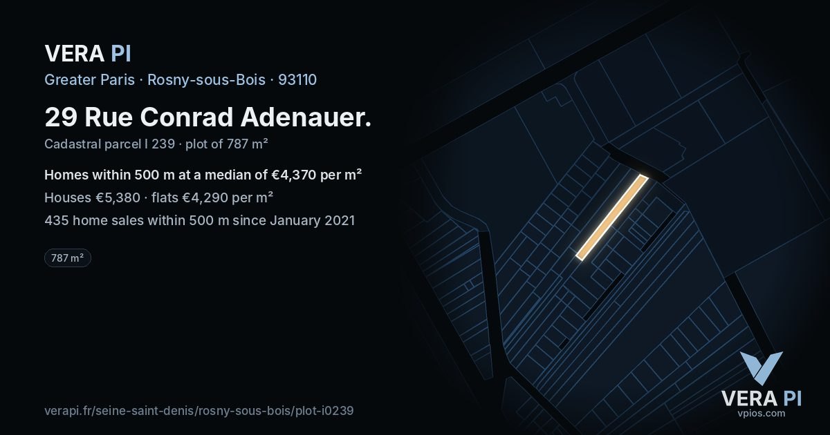 29 Rue Conrad Adenauer, Rosny-sous-Bois at night – the plot lit, the parcels around coloured by the prices near them